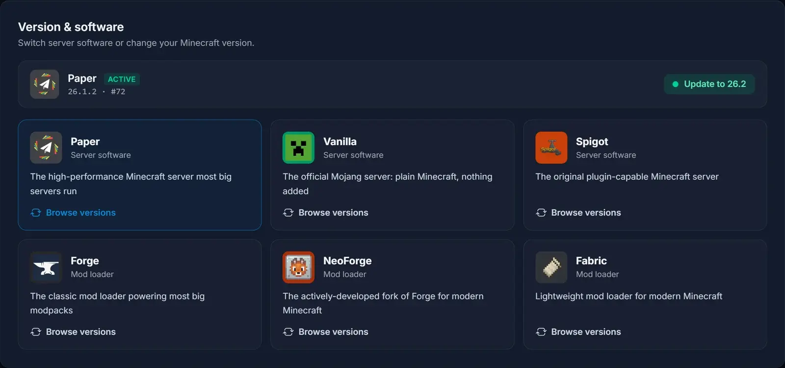 Le gestionnaire de versions du panneau DoomHosting change le logiciel serveur Minecraft